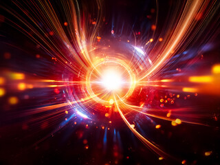 Aufkleber - A bright light source radiates outwards with dynamic orange and red lines against a dark backdrop with bokeh.  The abstract design evokes energy and motion with a vibrant, luminous feel.