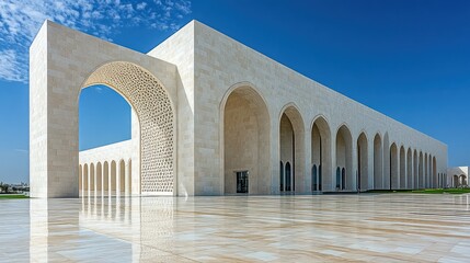 Modern Islamic architecture building, sunny day, reflecting pool, desert landscape, architectural design