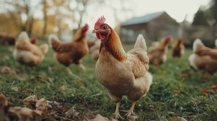 Chickens in a Rural Setting: A group of chickens, their plumage a vibrant blend of golden and brown, roam freely in a rural setting, creating a picturesque scene of rustic tranquility. The chickens.