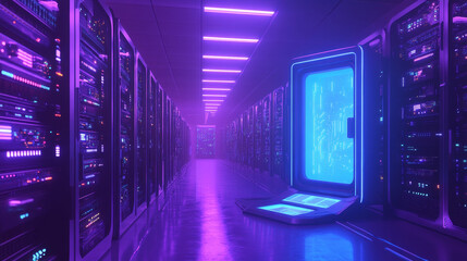 Poster - Modern data center with computer servers. Vector cartoon illustration of dark room with information technology equipment for cloud storage, cyber security control, crypto mining, blue light portal
