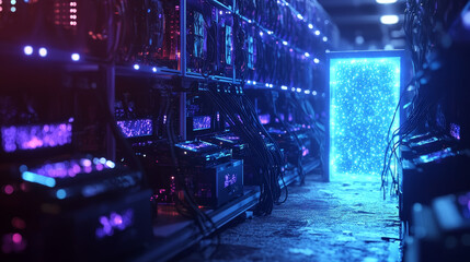 Poster - Modern data center with computer servers. Vector cartoon illustration of dark room with information technology equipment for cloud storage, cyber security control, crypto mining, blue light portal