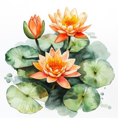 Canvas Print - Stunning watercolor painting of water lilies with bright orange petals, surrounded by soft green leaves on a white background