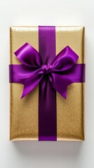 Wall Mural - Golden gift box with purple ribbon against a festive background filled with bokeh lights