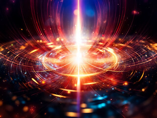 Aufkleber - A brilliant central light source emits radiant energy, forming vibrant circular patterns of red, orange, and blue against a dark space, creating an abstract and dynamic visual.