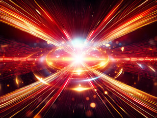 Poster - Glowing golden and blue rings radiate light, surrounded by sparkling particles on a dark background.  The concentric circles create a mesmerizing, futuristic effect.