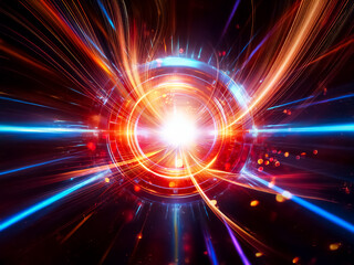Poster - A vibrant, abstract depiction of a futuristic portal, glowing with intense blue and orange light streaks. The circular metallic structure suggests speed and technological advancement.