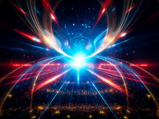 Poster - Abstract cosmic artwork depicting a bright, glowing energy core surrounded by swirling light trails, reminiscent of a wormhole or portal, above a cityscape at night.