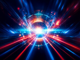 Aufkleber - Vibrant red and blue light beams radiate from a central point, creating a dynamic abstract design.  Energy and motion are visually conveyed through the radiating lines.