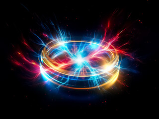 Poster - Glowing concentric circles of blue and gold light illuminate a dark background, creating a futuristic and dynamic abstract design.  The rings appear to be in motion, suggesting energy or speed.