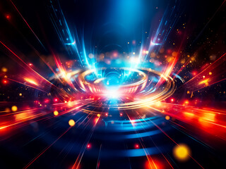 Poster - Luminous blue and gold ripples expand on a dark surface, illuminated by a spotlight.  Golden particles shimmer, creating a magical, ethereal effect.