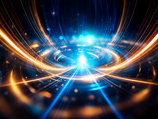Poster - Abstract image featuring vibrant blue and golden light trails converging towards a central bright point, creating a dynamic and futuristic effect with swirling motion.