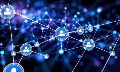 Global network connection, digital nodes, data flow, abstract background, technology concept