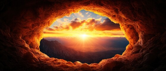 Poster - View of a mountain landscape from a cave entrance with natural light illuminating the scene