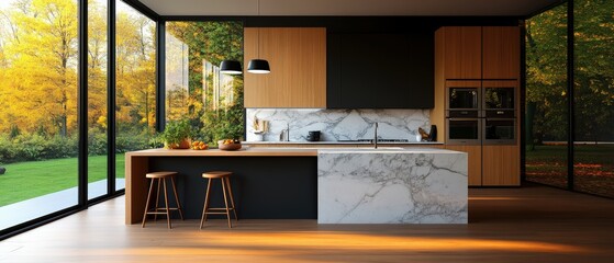 Poster - Modern kitchen interior featuring marble island and large window with natural light and sleek design elements