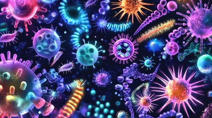 Poster - A colorful array of infectious disease cells, featuring spiral bacteria, rod-shaped bacilli, and viruses.