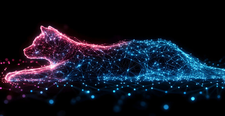 Poster - Abstract background with glowing blue and pink lines of low-poly wireframe network connection