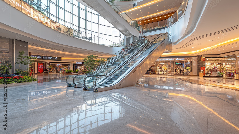 Mall Hand Rails Escalators in mall. Moving staircase, automatic ladder with transparent ...