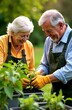 © Svetlana - Portrait of happy elderly women and man planting fresh tomato seedlings on blurred background of spring vegetable garden on bright sunny morning. Vertical concept of elderly couple lifestyle
