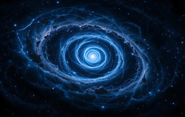 a swirling blue nebula with a bright center surrounded by distant stars