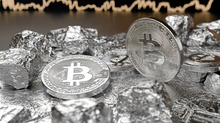 Poster - A financial trading app displaying silver Bitcoin price spikes with a bullish market chart behind it.