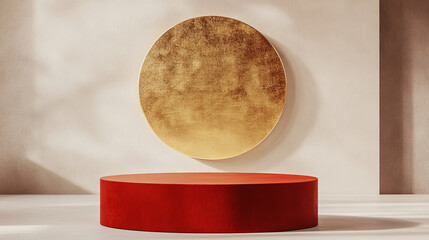 Wall Mural - Red cylinder product podium with gold decorative circle on wall in minimal studio room interior. Realistic 3d vector elegant platform mockup with golden round line for goods display and promotion.