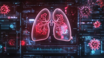 Poster - A futuristic holographic projection of lungs, displaying virus movement within bronchi and alveoli.