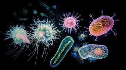 Poster - A futuristic medical scan of different pathogenic microbes, glowing against a deep black background.