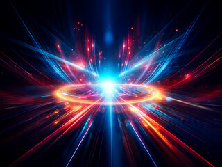 Leinwandbilder - Vibrant abstract image: central bright light source emits dynamic blue and red beams. Glowing circular element. Energetic and modern design.