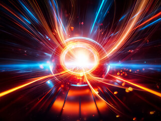 Poster - A glowing orb at the center of converging neon blue and orange light streaks, creating a futuristic, high-speed tunnel effect.  The reflective surface of the sphere adds depth.