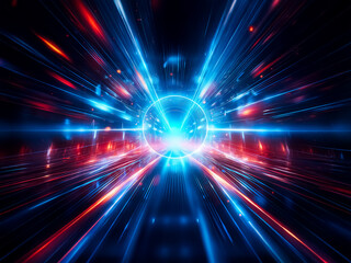 Poster - Vibrant abstract image of blue and red light streaks radiating from a bright central sphere. Dynamic and energetic, suggestive of speed and futuristic technology.