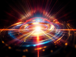 Leinwandbilder - Vibrant, abstract light explosion with radiant energy.  Colorful beams burst from the center, creating a dynamic and powerful visual effect.