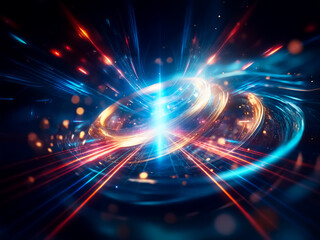Aufkleber - Glowing golden and blue rings interlock, swirling in a dark, cosmic liquid.  Sparkling particles emanate from the rings, creating a mesmerizing, abstract scene.
