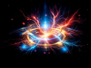 Poster - Glowing concentric rings of gold and blue light emanate energy on a dark background, creating a futuristic, mystical atmosphere.  The light source seems to originate from the center, expanding outward