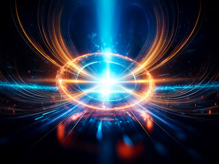 Aufkleber - A glowing orange and blue ring, seemingly made of energy, floats above a dark, reflective surface.  A beam of light pierces the center, creating a vibrant, futuristic scene.