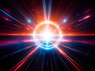 Fototapete - A vibrant, luminous ring emanates light, bisecting a dark, horizon-like plane.  Intense rays extend outwards, creating a striking visual of energy and cosmic wonder.