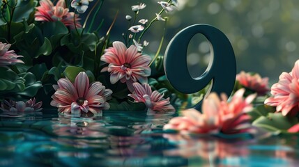 Aufkleber - number 9 with flowers reflected in the water. 3d illustration.