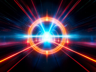 Poster - A vibrant, glowing celestial ring system radiates energy, with a central bright blue core and orange rings against a dark space background.  Intense light beams intersect the circle.