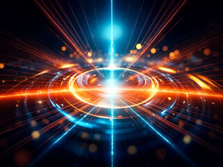 Aufkleber - Abstract digital art depicting concentric metallic rings glowing with blue and orange light, creating a futuristic, energy-filled scene.  Sparkles and bokeh effects add depth.