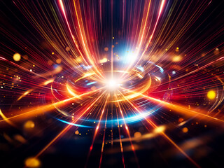 Poster - Abstract swirling metallic rings glow with blue and gold light, surrounded by glittering particles in a dark space.  A sense of depth and energy is evoked.