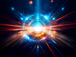 Aufkleber - Abstract image of bright center light emitting radial lines of blue and orange against dark background. Looks like energy burst or explosion.