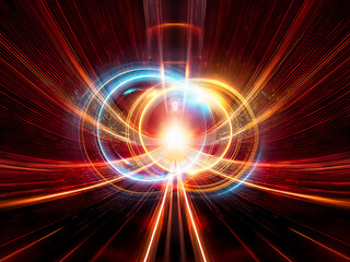 Poster - Intertwined luminous rings, glowing with vibrant blue and gold light against a stark black background.  The rings create a sense of energy and motion.