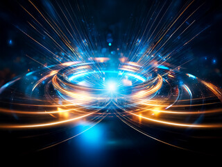 Aufkleber - Abstract image of a glowing circular platform with vibrant blue and orange lights, set against a dark background, suggesting a futuristic or technological theme.  Particles of light add to the etherea