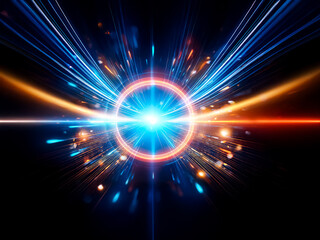 Leinwandbilder - Vibrant energy bursts from a central glowing circle, radiating blue and orange light beams on a dark backdrop, creating a dynamic and futuristic visual.