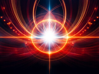 Poster - A vibrant, glowing orb at the image center, radiating energy outwards.  Surrounding rings and intersecting beams of light create a futuristic, cosmic effect.  The dark background enhances the luminesc
