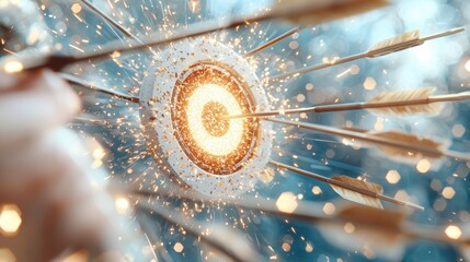 Poster - A vivid depiction of arrows converging towards a glowing target, creating a dynamic and energetic scene filled with sparks and light.