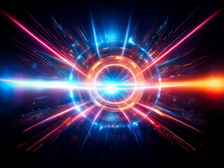 Aufkleber - A glowing metallic ring, vibrant blue and orange, emits radiant light streaks against a dark background.  The circular form suggests technological advancement or cosmic energy.
