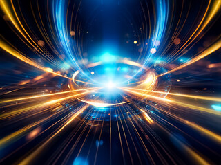Poster - Dynamic abstract composition featuring luminous blue and gold lines radiating from a central point, creating an energetic and futuristic feel.