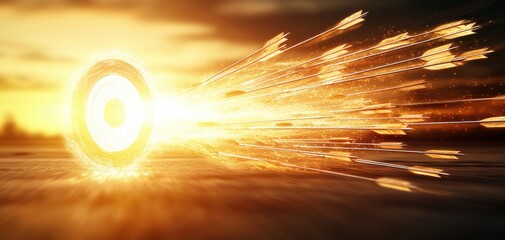 Aufkleber - A glowing circle emits radiant light, creating a dynamic effect against a warm sunset backdrop, evoking a sense of motion and energy.