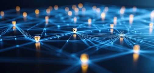 Poster - A digital network with glowing nodes and icons representing security, symbolizing connectivity and cybersecurity in a modern technological landscape.