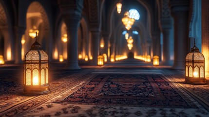 Illuminated lanterns line a grand corridor in an ornate architectural setting, creating a serene ambiance